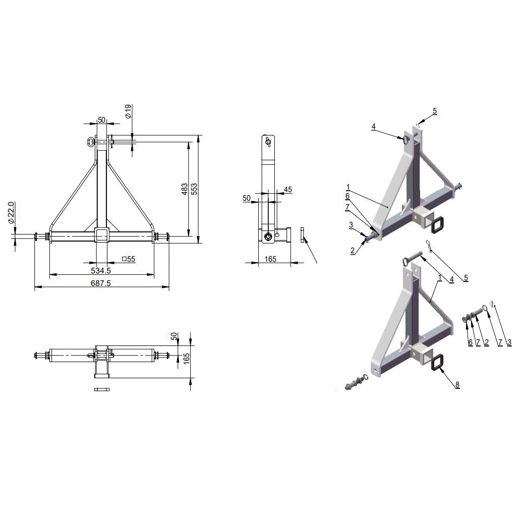 3 Point 2" Receiver Trailer Hitch Drawbar Adapter Category One Tractor Attachments Black Steel