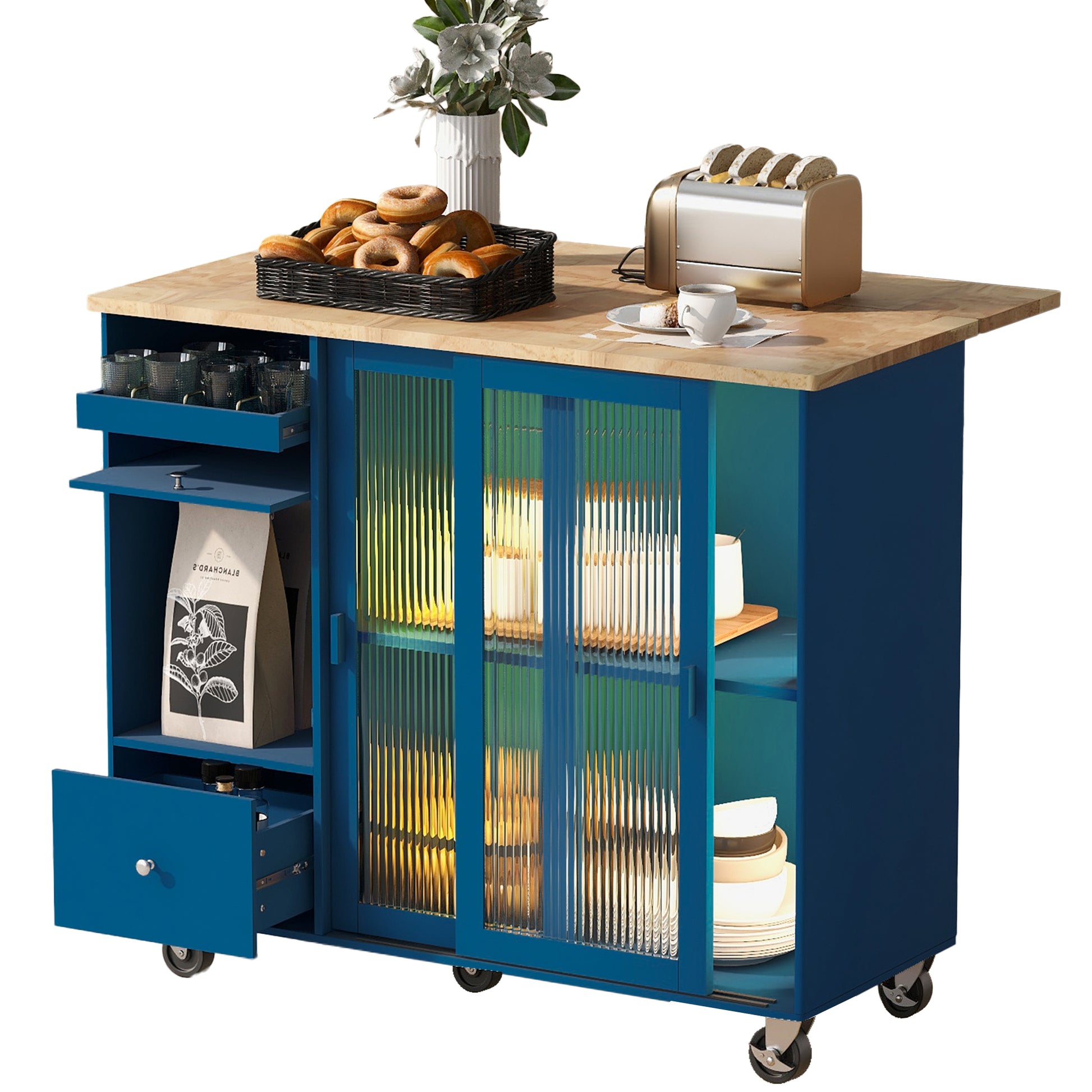 Kitchen Island with Drop Leaf, LED Light Kitchen Cart navy