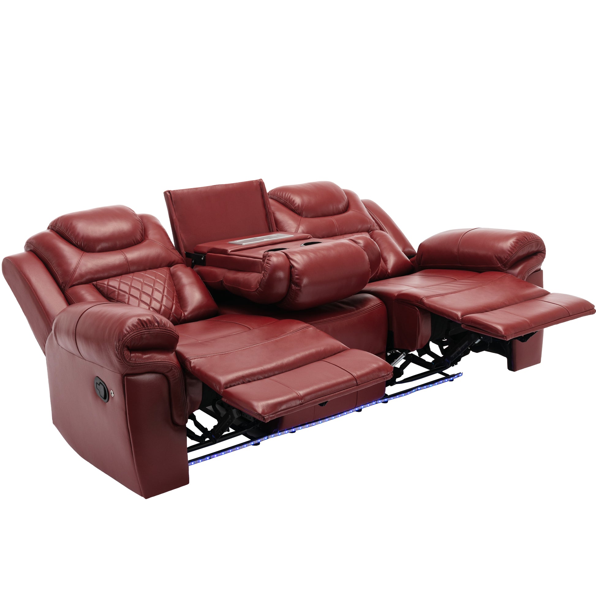 Home Theater Seating Manual Recliner Chair With Center Console And Led Light Strip For Living Room, Wind Red Red Foam Faux Leather