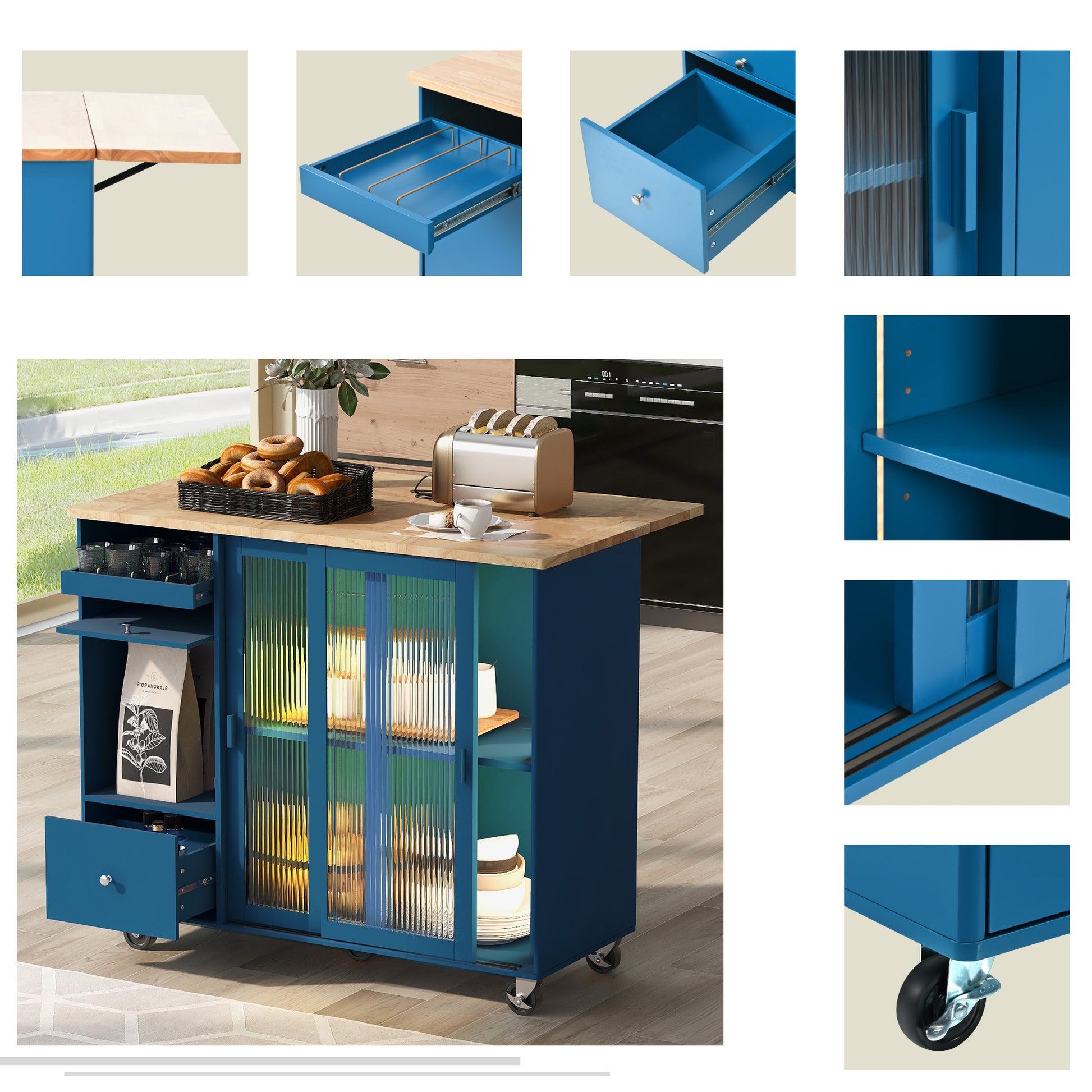 Kitchen Island with Drop Leaf, LED Light Kitchen Cart navy