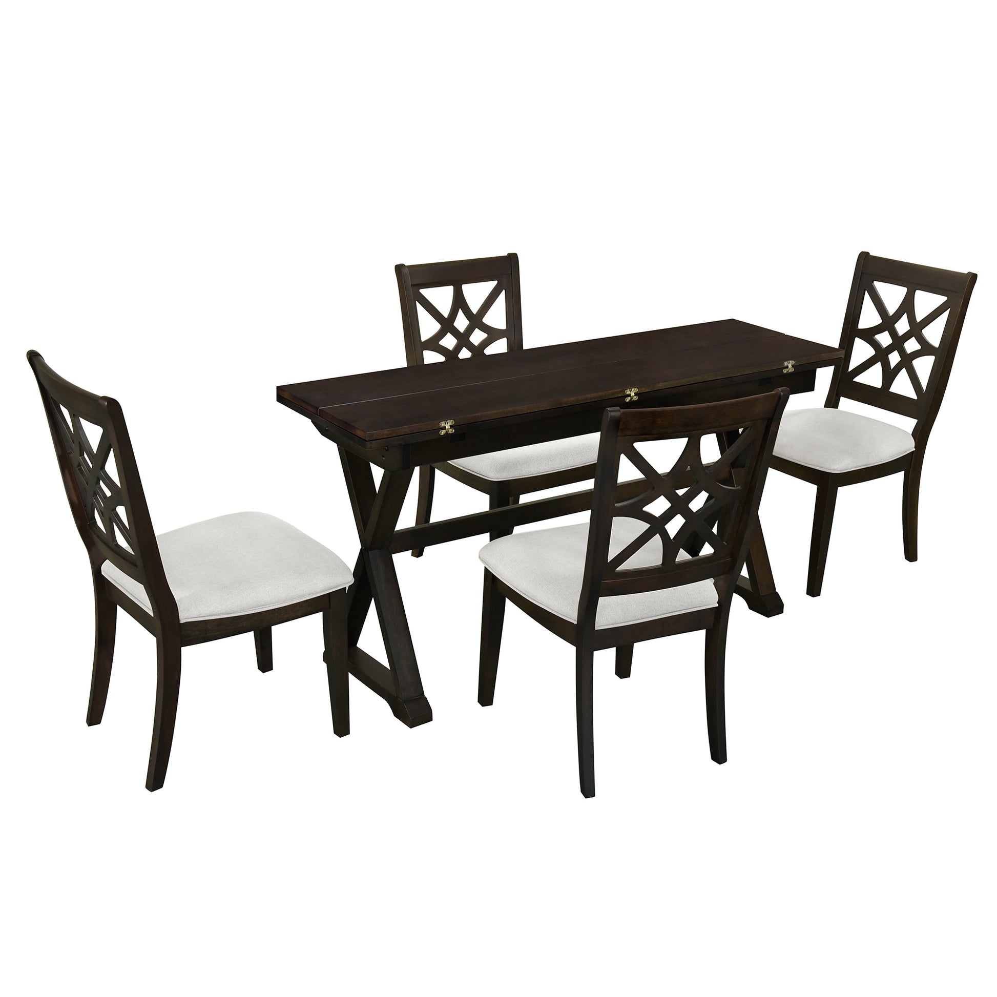 5 Piece 62*35.2Inch Extendable Rubber Wood Dining Table Set With X Shape Legs,Console Table With Two 8.8Inch Wide Flip Lids And Upholstered Dining Chairs ,Dark Walnut Wood Dining Room Folding Rubberwood Rectangular Dining Table With Chair Upholstered