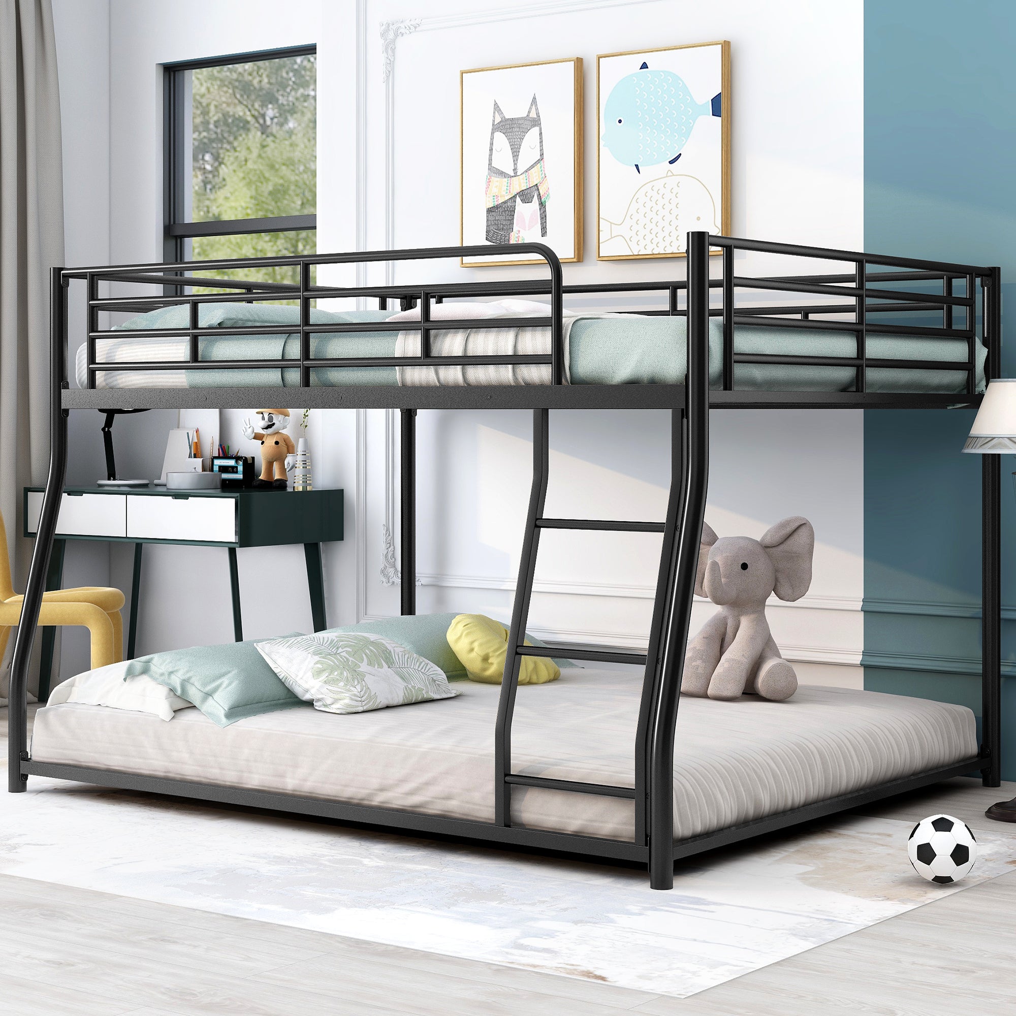 Metal Floor Bunk Bed, Full Xl Over Queen, Black Black Metal