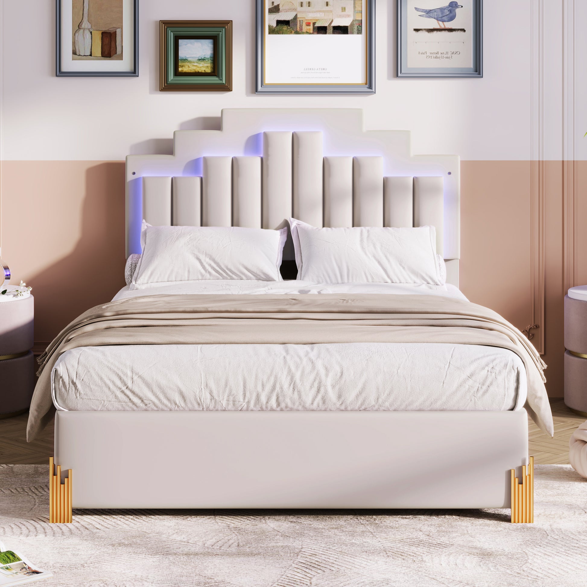 Full Size Upholstered Platform Bed With Led Lights And 4 Drawers, Stylish Irregular Metal Bed Legs Design, Beige Beige Velvet