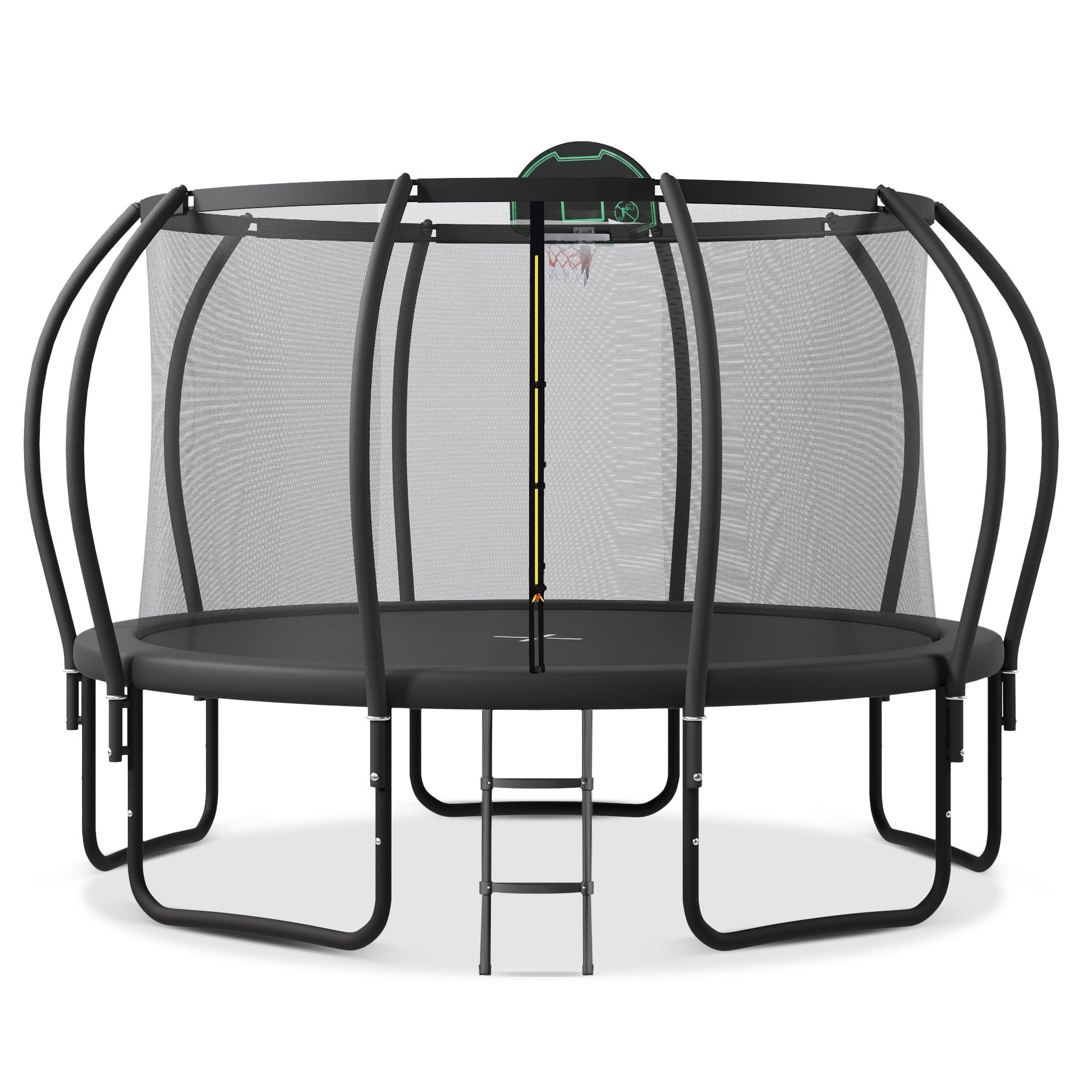 14Ft Trampoline For Kids With Upgraded Arcpole And Composite Toploop For Safety Enclosure, Plus Basketball Board And 10 Ground Stakes, Outdoor Recreational Playset Balance Physical Training Trampoline Black Metal