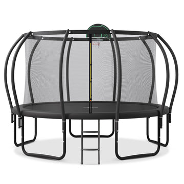 14Ft Trampoline For Kids With Upgraded Arcpole And Composite Toploop For Safety Enclosure, Plus Basketball Board And 10 Ground Stakes, Outdoor Recreational Playset Balance Physical Training Trampoline Black Metal