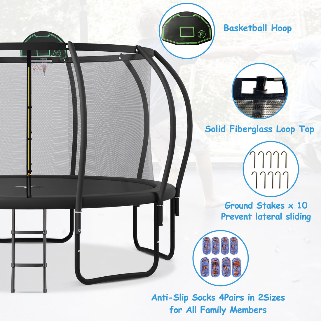 14Ft Trampoline For Kids With Upgraded Arcpole And Composite Toploop For Safety Enclosure, Plus Basketball Board And 10 Ground Stakes, Outdoor Recreational Playset Balance Physical Training Trampoline Black Metal