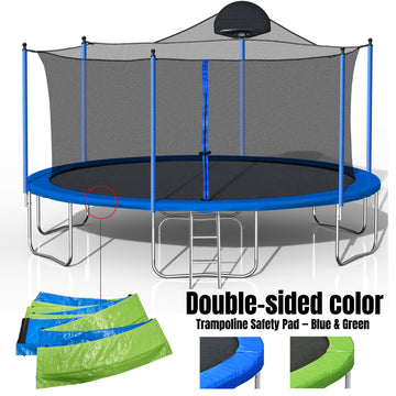 14Ft Trampoline For Adults & Kids With Basketball Hoop, Outdoor Trampolines W Ladder And Safety Enclosure Net For Kids And Adults,Double Side Color Cover Blue Metal