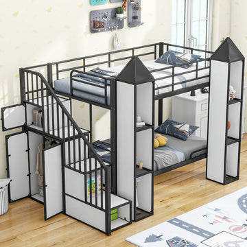 Metal Twin Over Twin Castle Shaped Bunk Bed With Wardrobe And Multiple Storage, Black White Box Spring Not Required Twin White Black Metal Bedroom Bunk Metal & Wood