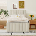 Twin Size Upholstered Platform Bed With Trundle And 3 Drawers, Linen Fabric, Beige Beige Linen