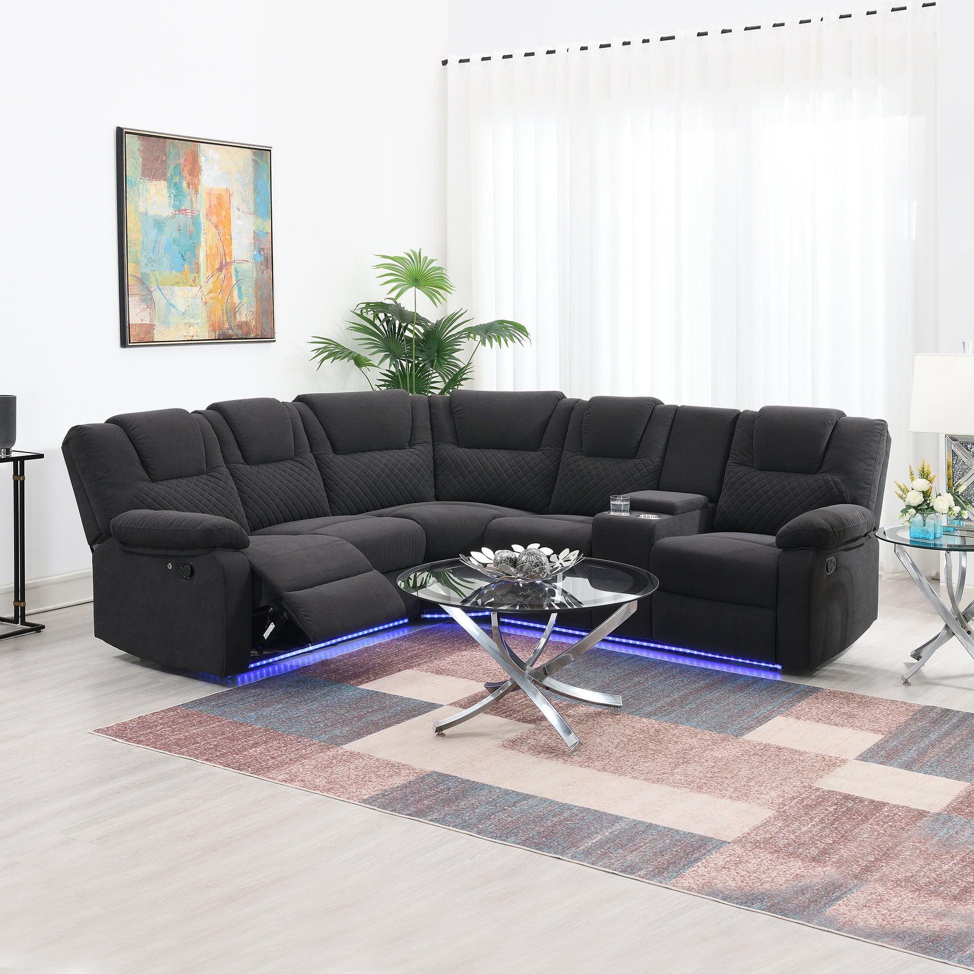 94.4" Home Theater Seating Modern Manual Recliner Sofa Chairs With Storage Box And Two Cup Holders For Living Room, Black Grey Black Grey Foam Velvet 5 Seat