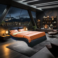 Faux Leather Upholstered Platform Bed Frame With Led Lighting, Bluetooth Connection To Play Music Control, Backrest Vibration Massage, Curve Design, Wood Slat Support, Exhibited Speakers,Queen Queen Black Mdf