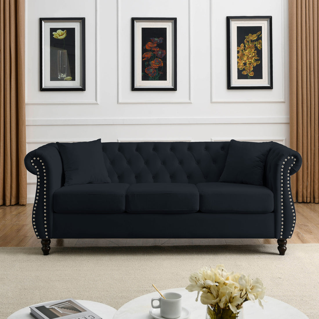 Video 80" Chesterfield Sofa Black Velvet For Living Room, 3 Seater Sofa Tufted Couch With Rolled Arms And For Living Room, Bedroom, Office, Apartment, Two Pillows Black Foam Velvet