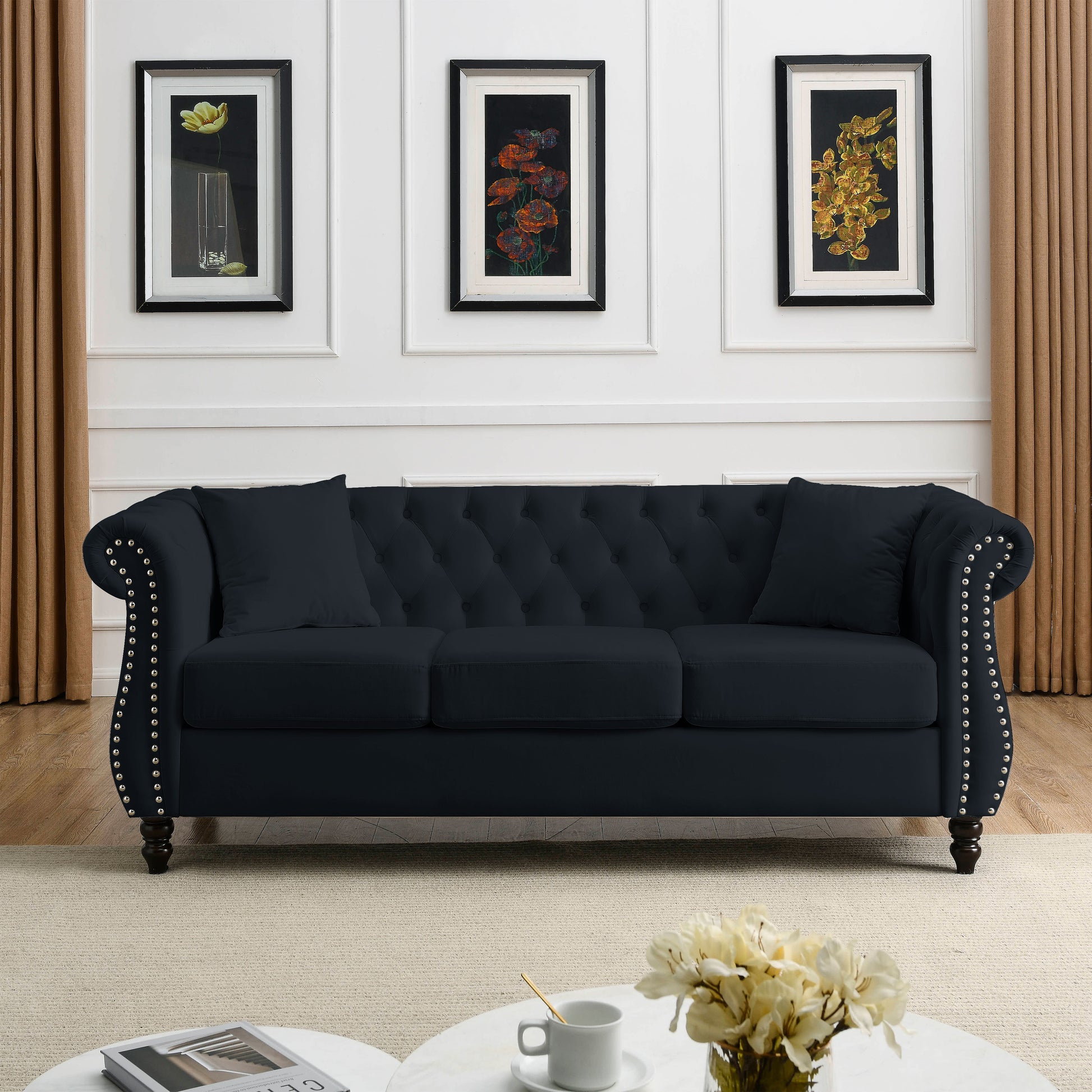 Video 80" Chesterfield Sofa Black Velvet For Living Room, 3 Seater Sofa Tufted Couch With Rolled Arms And For Living Room, Bedroom, Office, Apartment, 3S With 3S Black Foam Velvet