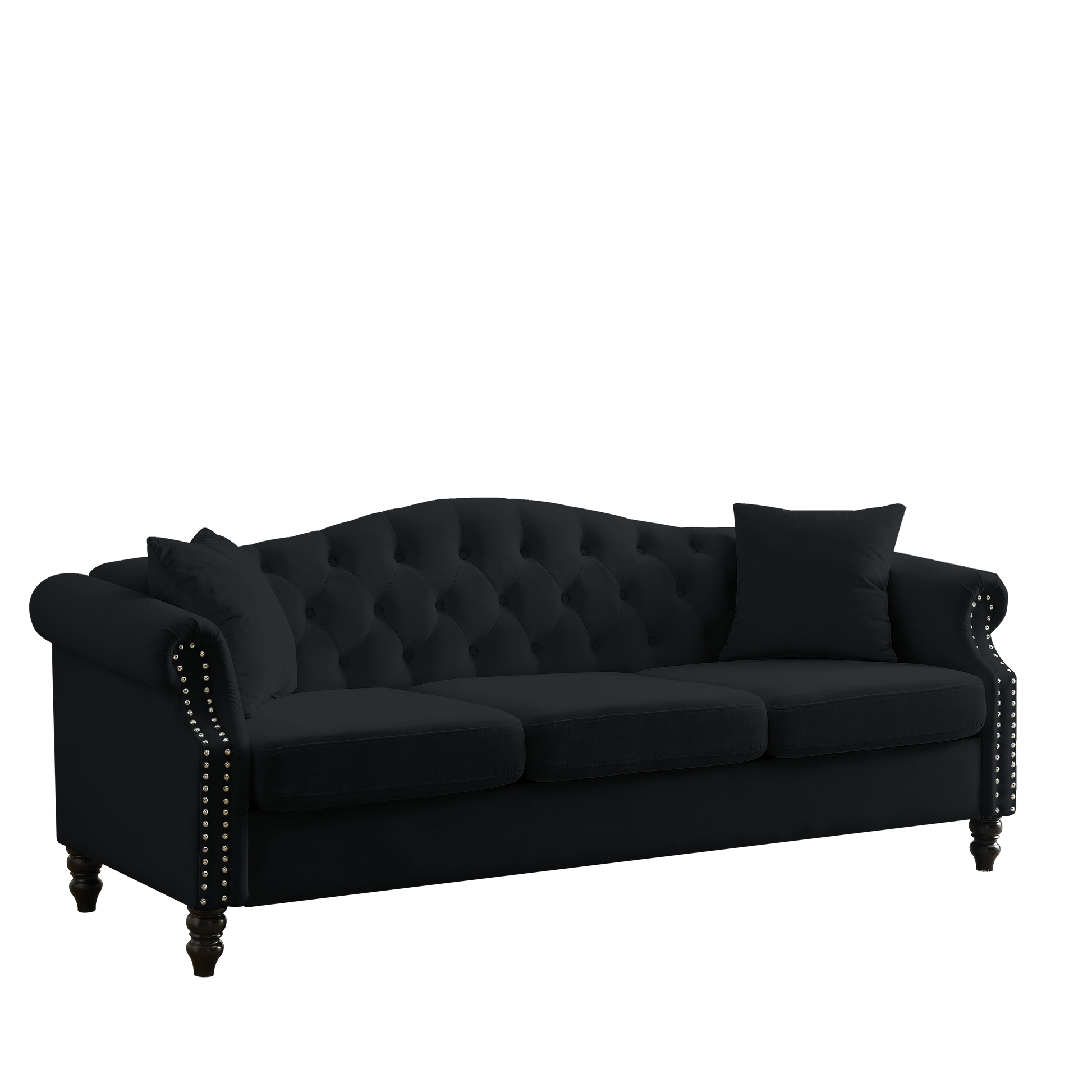 Video 79" Chesterfield Sofa Black Velvet For Living Room, 3 Seater Sofa Tufted Couch With Rolled Arms And For Living Room, Bedroom, Office, Apartment, Two Pillows Black Foam Velvet