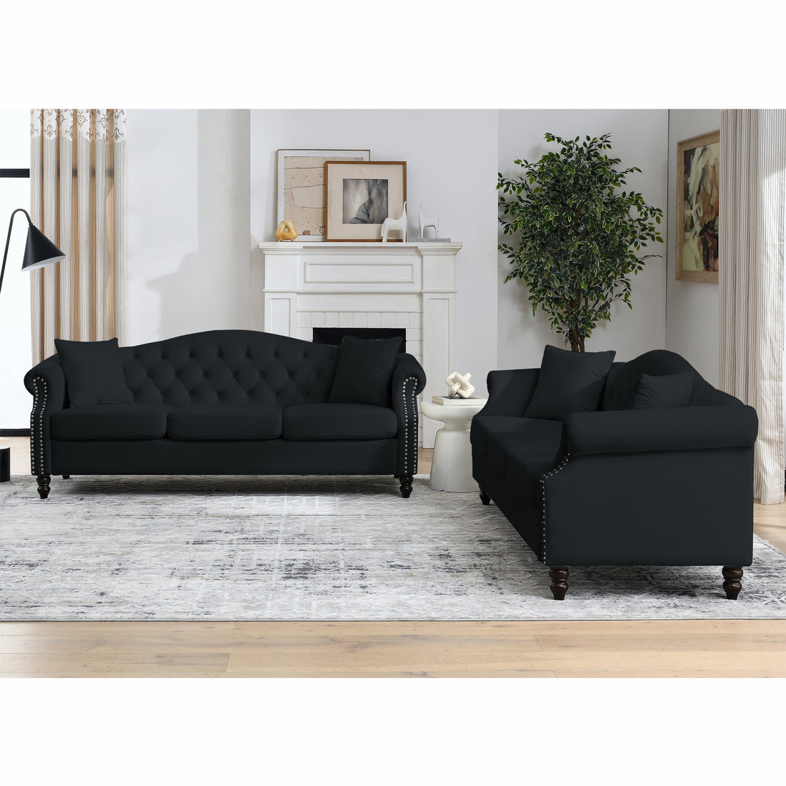 Video 79" Chesterfield Sofa Black Velvet For Living Room, 3 Seater Sofa Tufted Couch With Rolled Arms And For Living Room, Bedroom, Office, Apartment, 3S 3S Black Velvet