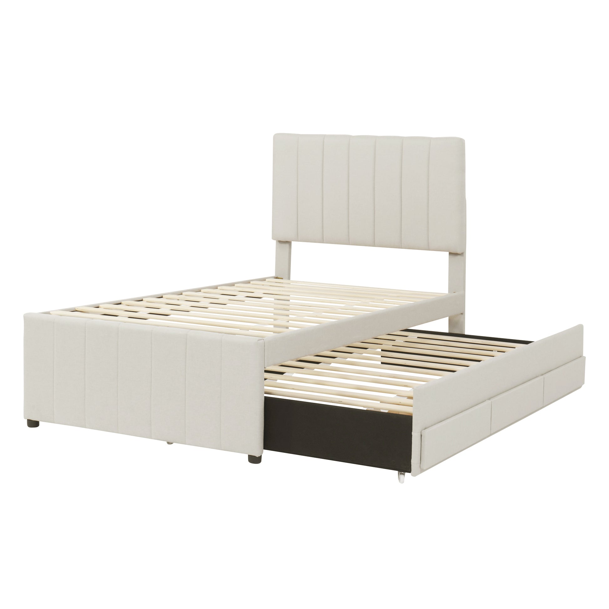 Twin Size Upholstered Platform Bed With Trundle And 3 Drawers, Linen Fabric, Beige Beige Linen