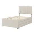 Twin Size Upholstered Platform Bed With Trundle And 3 Drawers, Linen Fabric, Beige Beige Linen