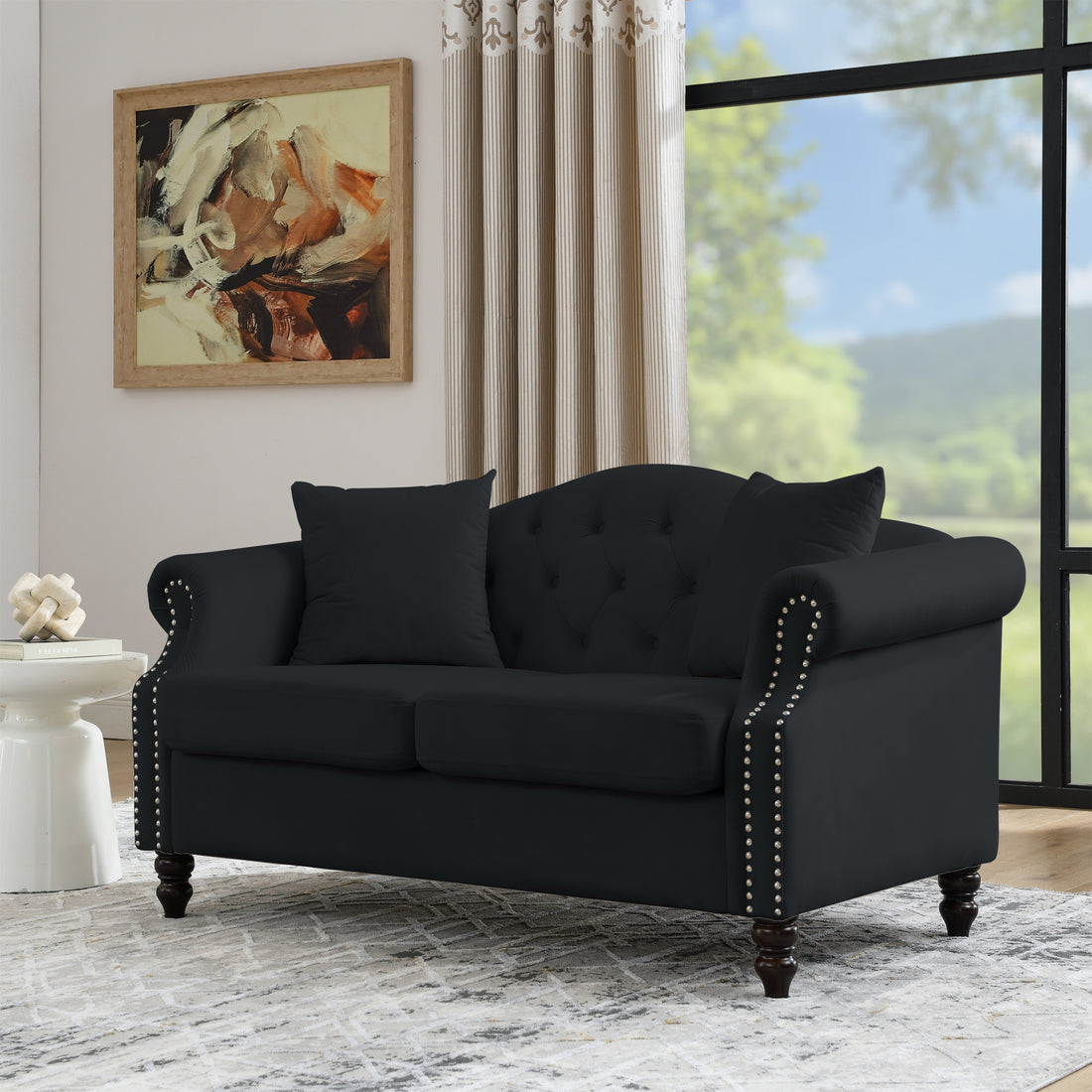 57" Chesterfield Sofa Black Velvet For Living Room, 2 Seater Sofa Tufted Couch With Rolled Arms And For Living Room, Bedroom, Office, Apartment, Two Pillows Black Foam Velvet