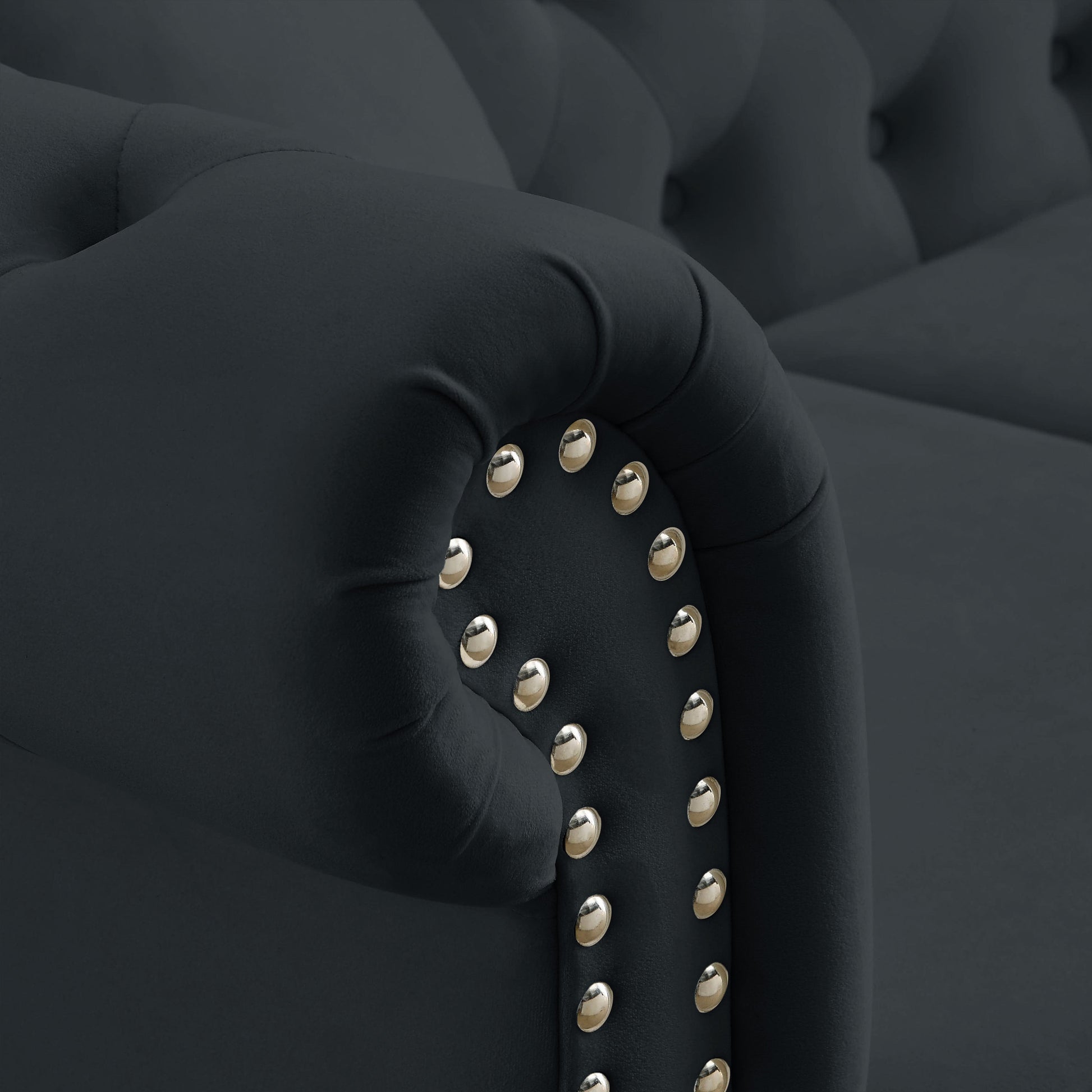 58.8" Chesterfield Sofa Black Velvet For Living Room, 2 Seater Sofa Tufted Couch With Rolled Arms And For Living Room, Bedroom, Office, Apartment, Two Pillows Black Foam Velvet