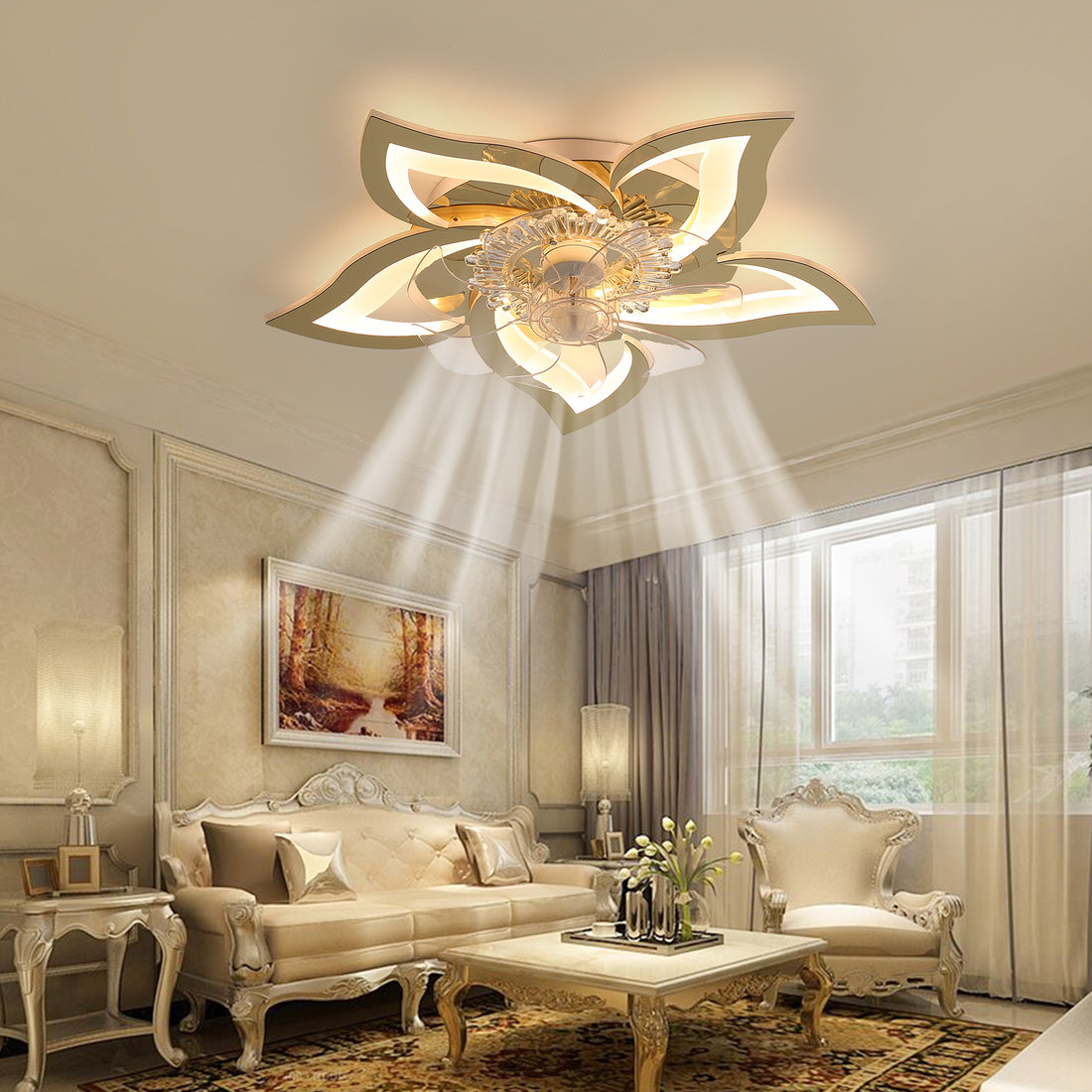 27In Ceiling Fan With Lights, Remote Control 3 Color Temperatures,6 Gear Wind Speed Fan Light Gold Modern Acrylic