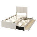 Twin Size Upholstered Platform Bed With Trundle And 3 Drawers, Linen Fabric, Beige Beige Linen