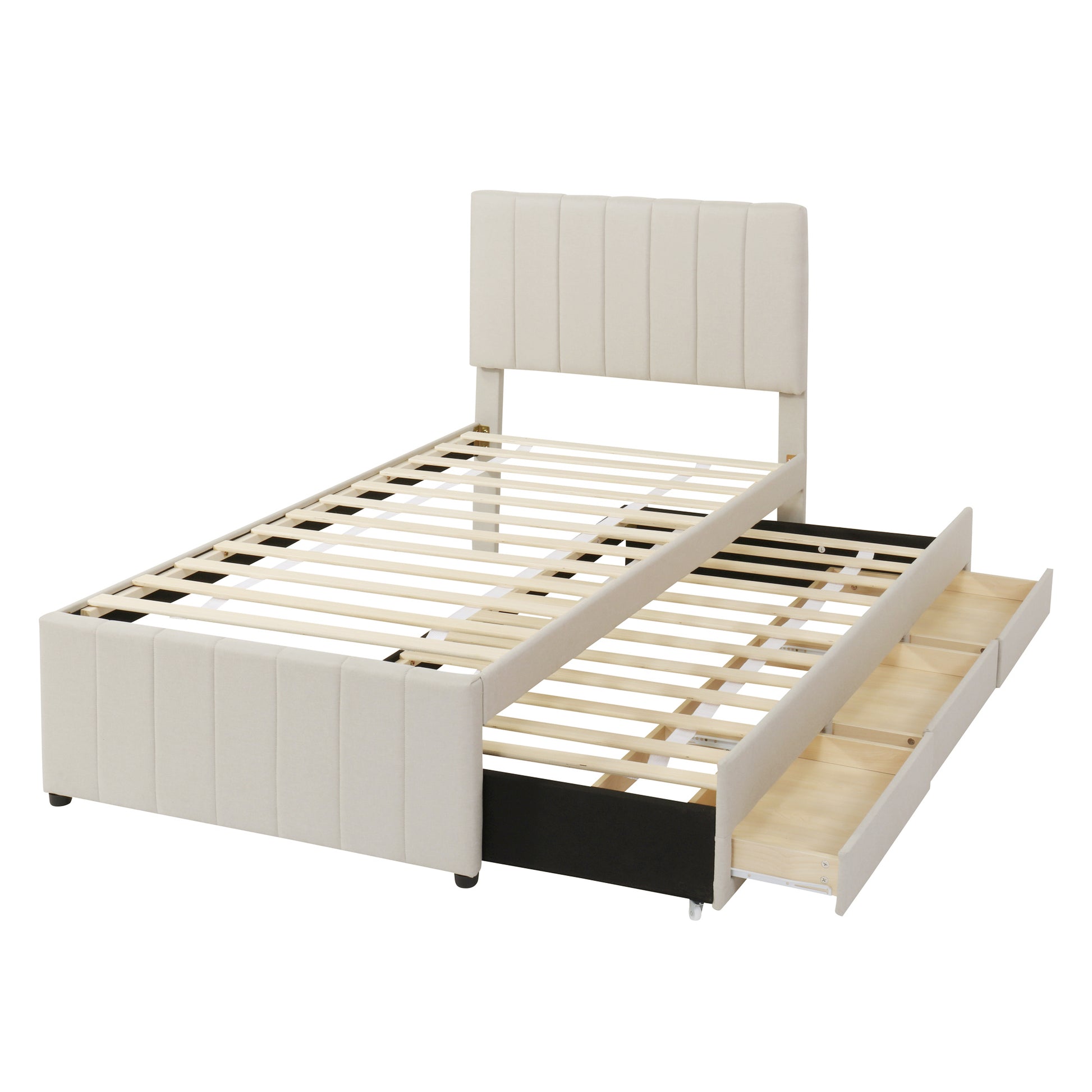 Twin Size Upholstered Platform Bed With Trundle And 3 Drawers, Linen Fabric, Beige Beige Linen