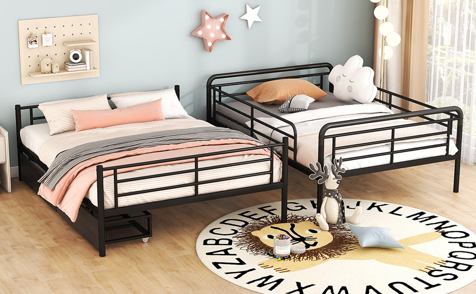 Full Xl Over Queen Metal Bunk Bed With 2 Drawers, Black Black Iron
