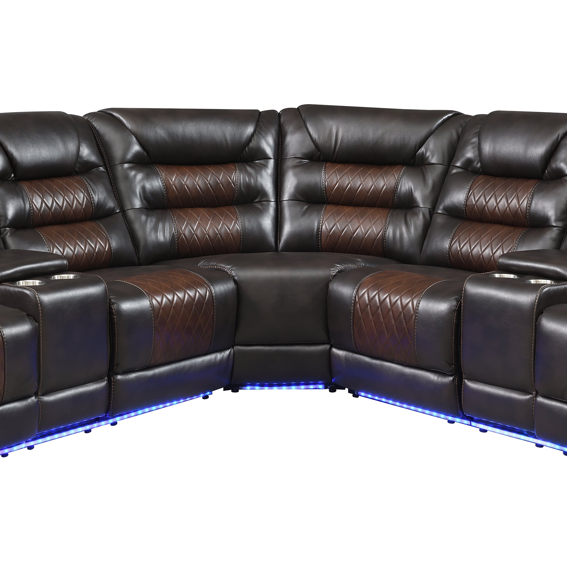 112.2" Manual Reclining Sectional Sofa Set L Shaped Symmetrical Motion Sofa Corner Couch Sets With Storage Boxes, 4 Cup Holders And Led Light Strip For Living Room, Brown Brown Foam Pu Leather 5 Seat