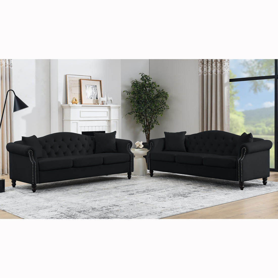 Video 79" Chesterfield Sofa Black Velvet For Living Room, 3 Seater Sofa Tufted Couch With Rolled Arms And For Living Room, Bedroom, Office, Apartment, 3S 3S Black Velvet