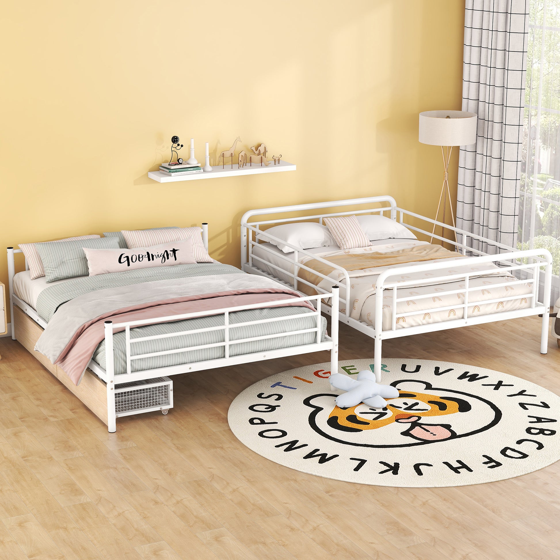Full Xl Over Queen Metal Bunk Bed With 2 Drawers, White White Iron