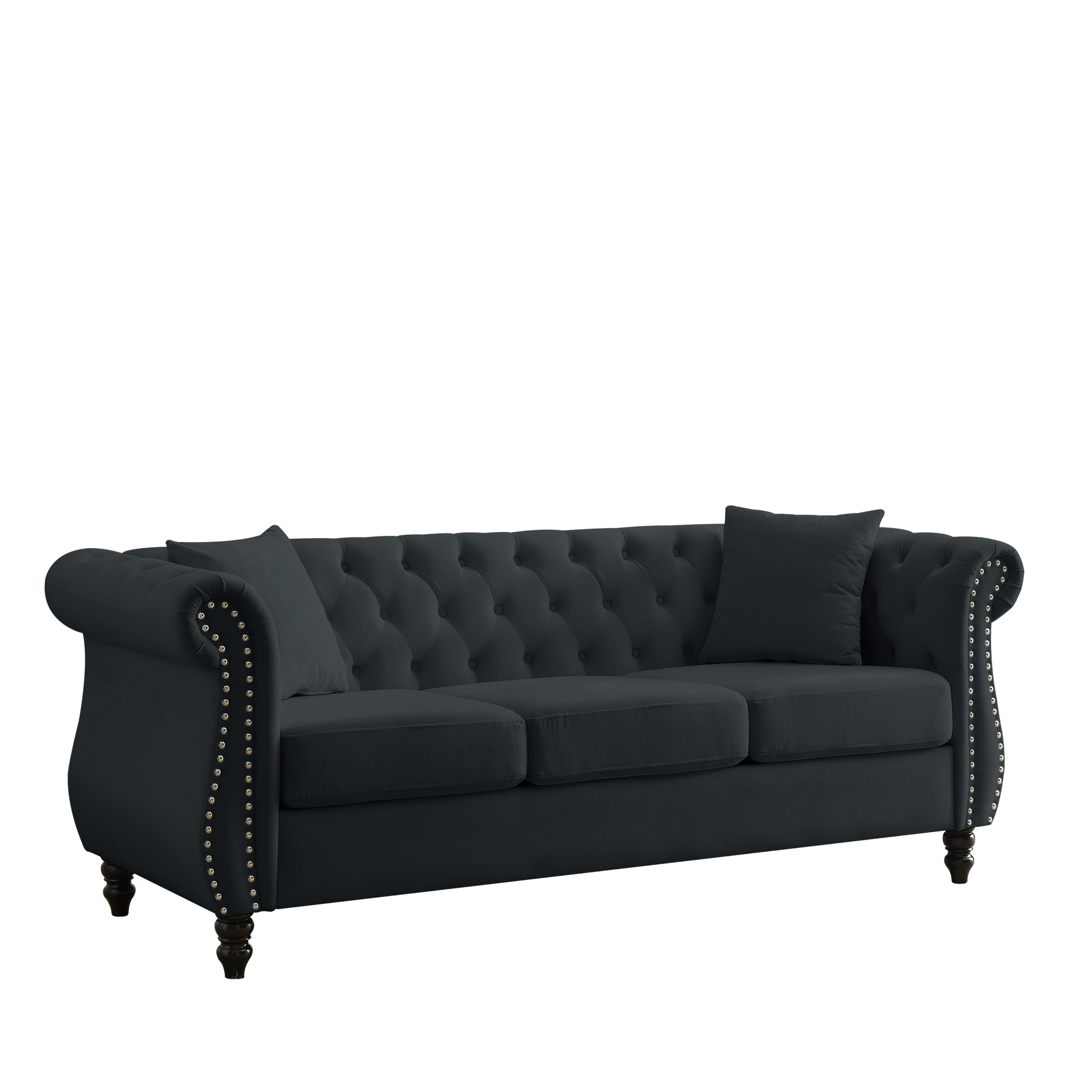 Video 80" Chesterfield Sofa Black Velvet For Living Room, 3 Seater Sofa Tufted Couch With Rolled Arms And For Living Room, Bedroom, Office, Apartment, Two Pillows Black Foam Velvet