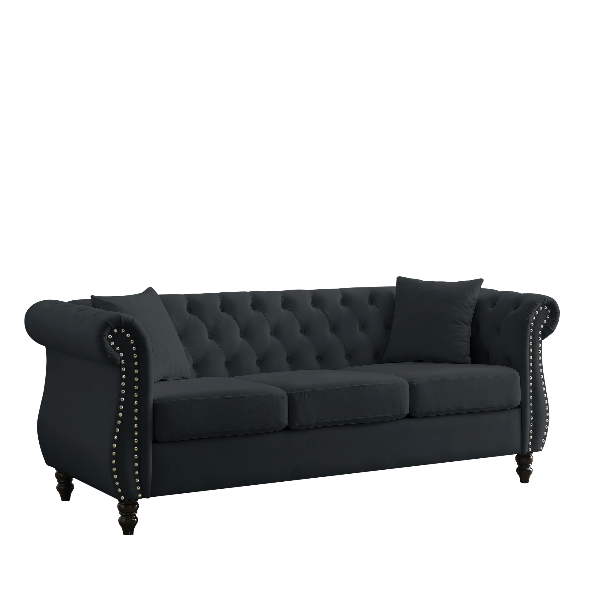 Video 80" Chesterfield Sofa Black Velvet For Living Room, 3 Seater Sofa Tufted Couch With Rolled Arms And For Living Room, Bedroom, Office, Apartment, 3S With 3S Black Foam Velvet