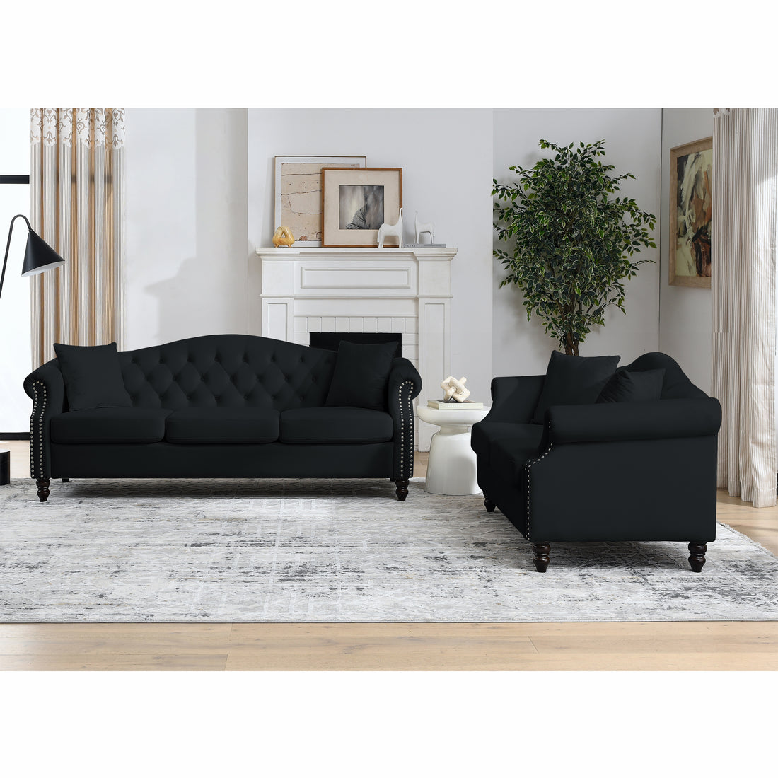 Video 79" Chesterfield Sofa Black Velvet For Living Room, 3 Seater Sofa Tufted Couch With Rolled Arms And For Living Room, Bedroom, Office, Apartment, 3S 2S Black Velvet