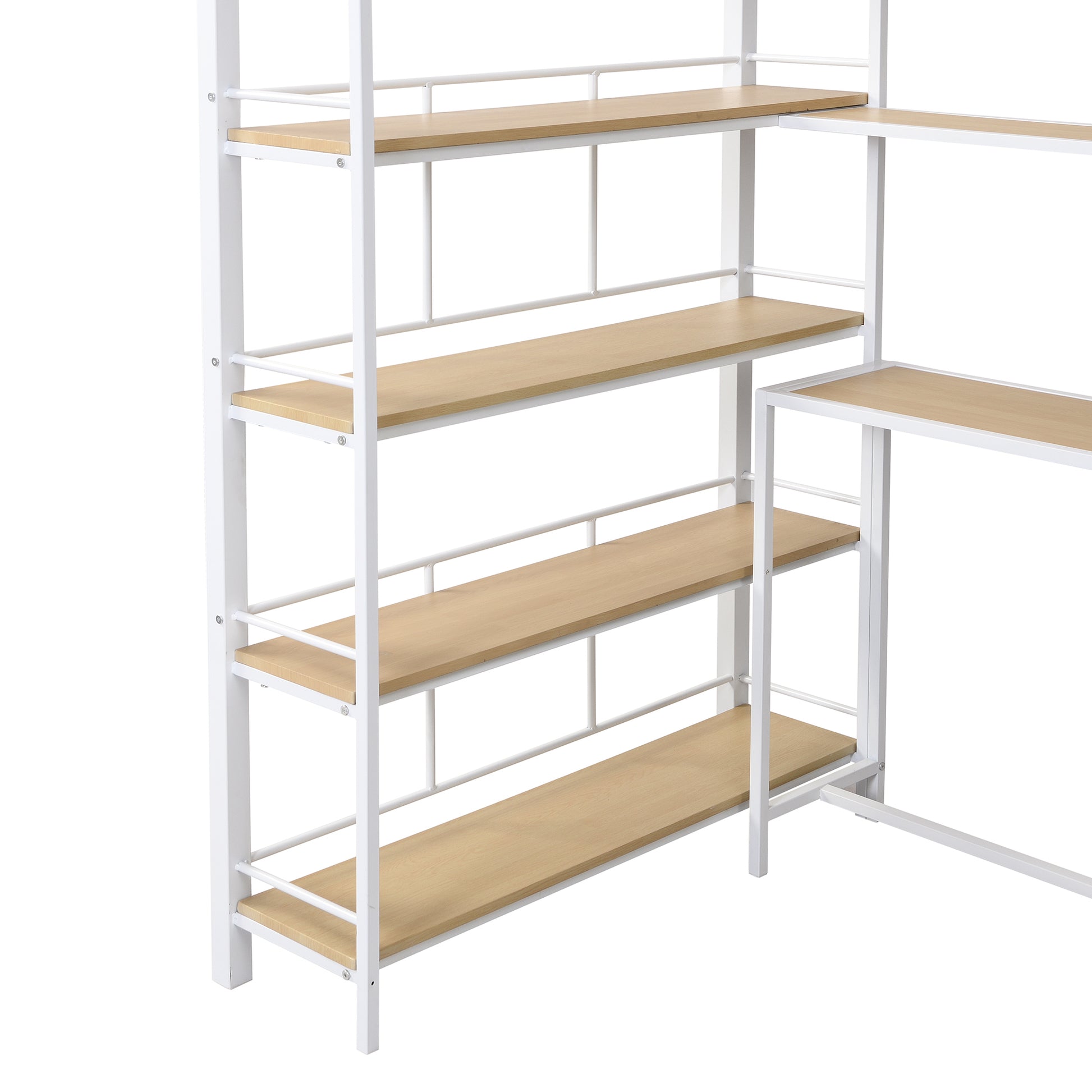Twin Size Metal Loft Bed With Staircase, Built In Desk And Storage Shelves, White Box Spring Not Required Twin White Metal Bedroom Mdf Metal