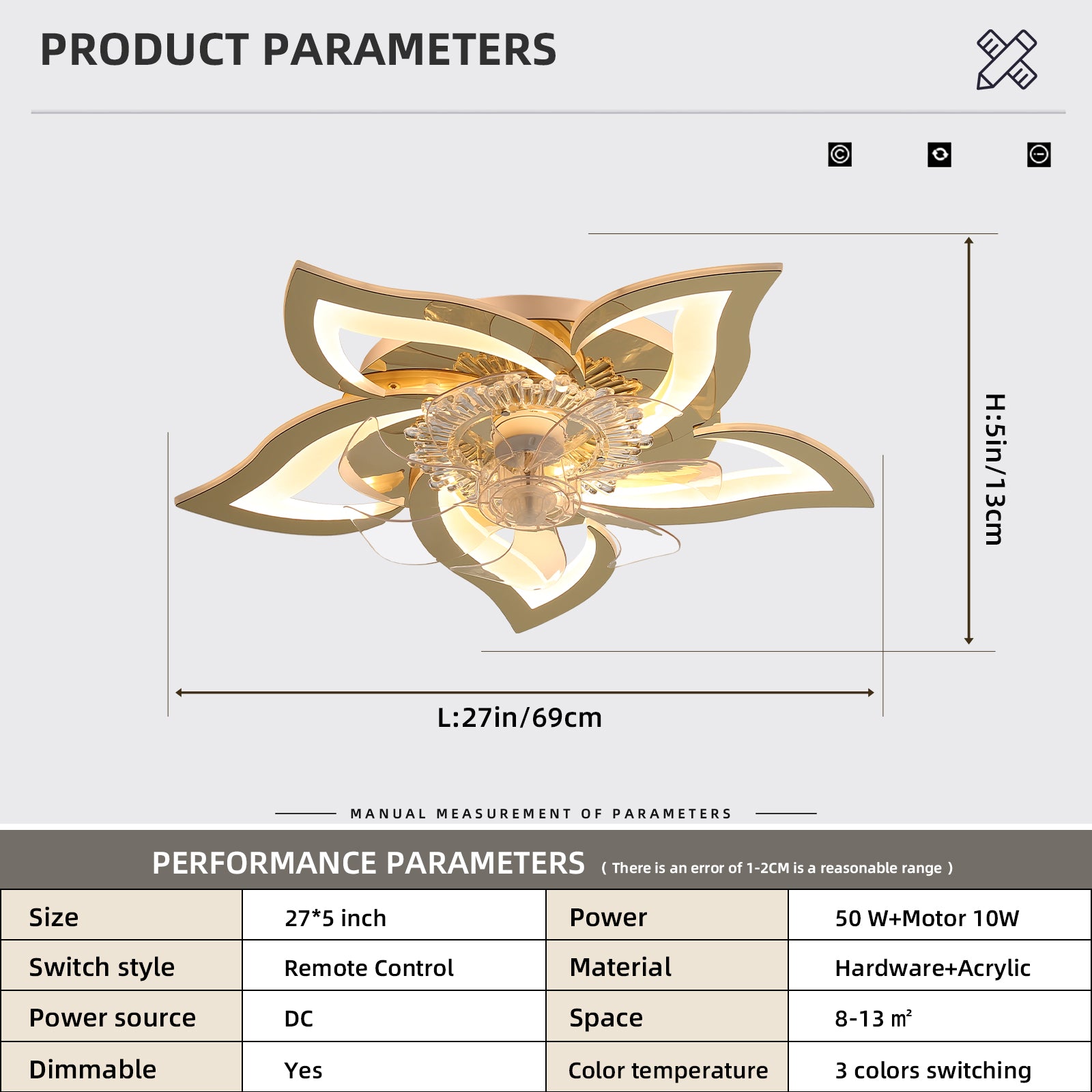 27In Ceiling Fan With Lights, Remote Control 3 Color Temperatures,6 Gear Wind Speed Fan Light Gold Modern Acrylic