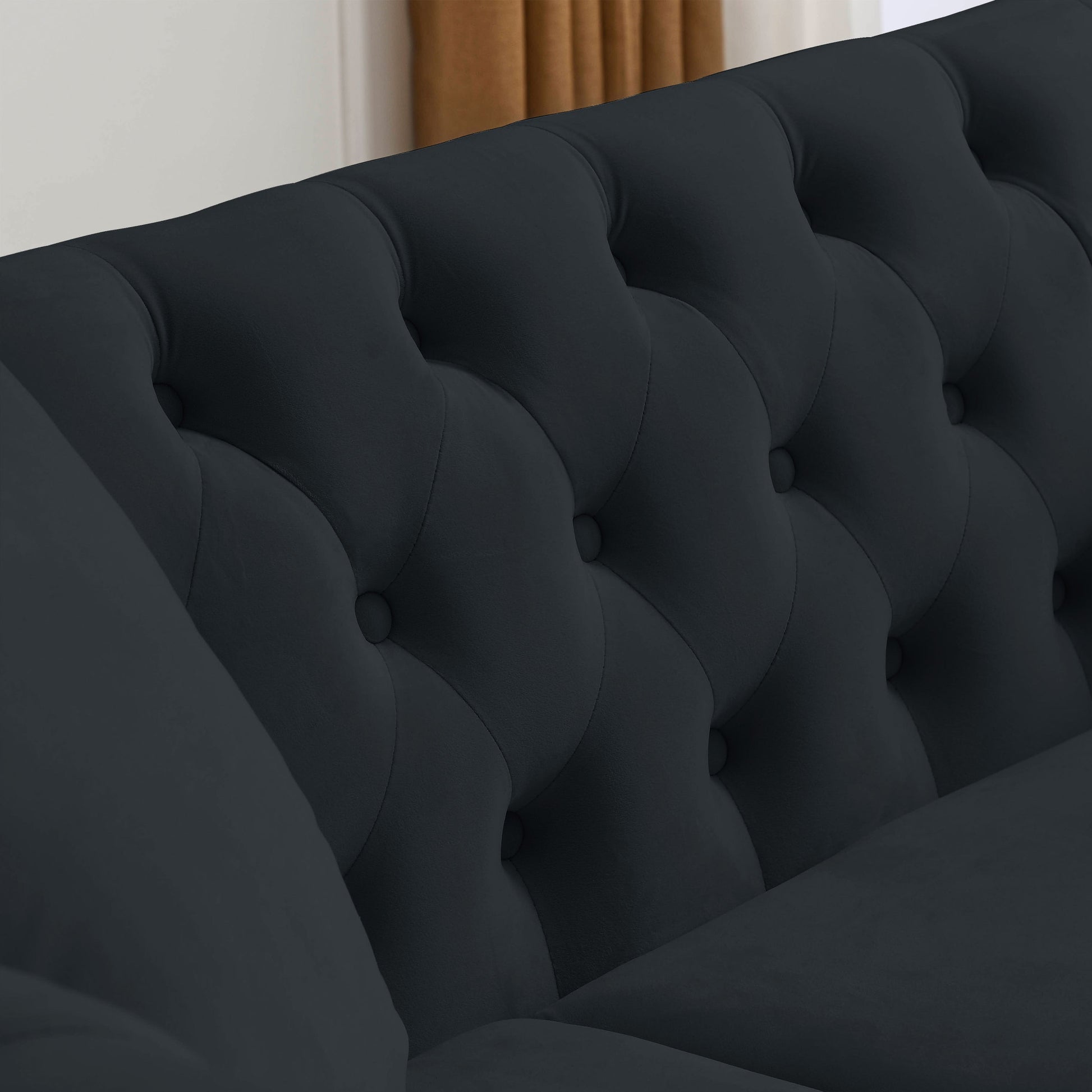 Video 80" Chesterfield Sofa Black Velvet For Living Room, 3 Seater Sofa Tufted Couch With Rolled Arms And For Living Room, Bedroom, Office, Apartment, Two Pillows Black Foam Velvet