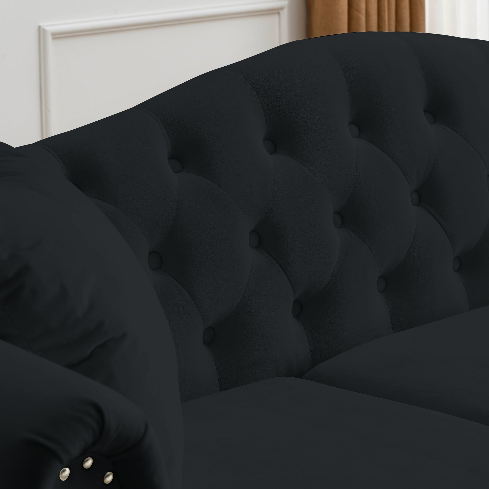 57" Chesterfield Sofa Black Velvet For Living Room, 2 Seater Sofa Tufted Couch With Rolled Arms And For Living Room, Bedroom, Office, Apartment, Two Pillows Black Foam Velvet
