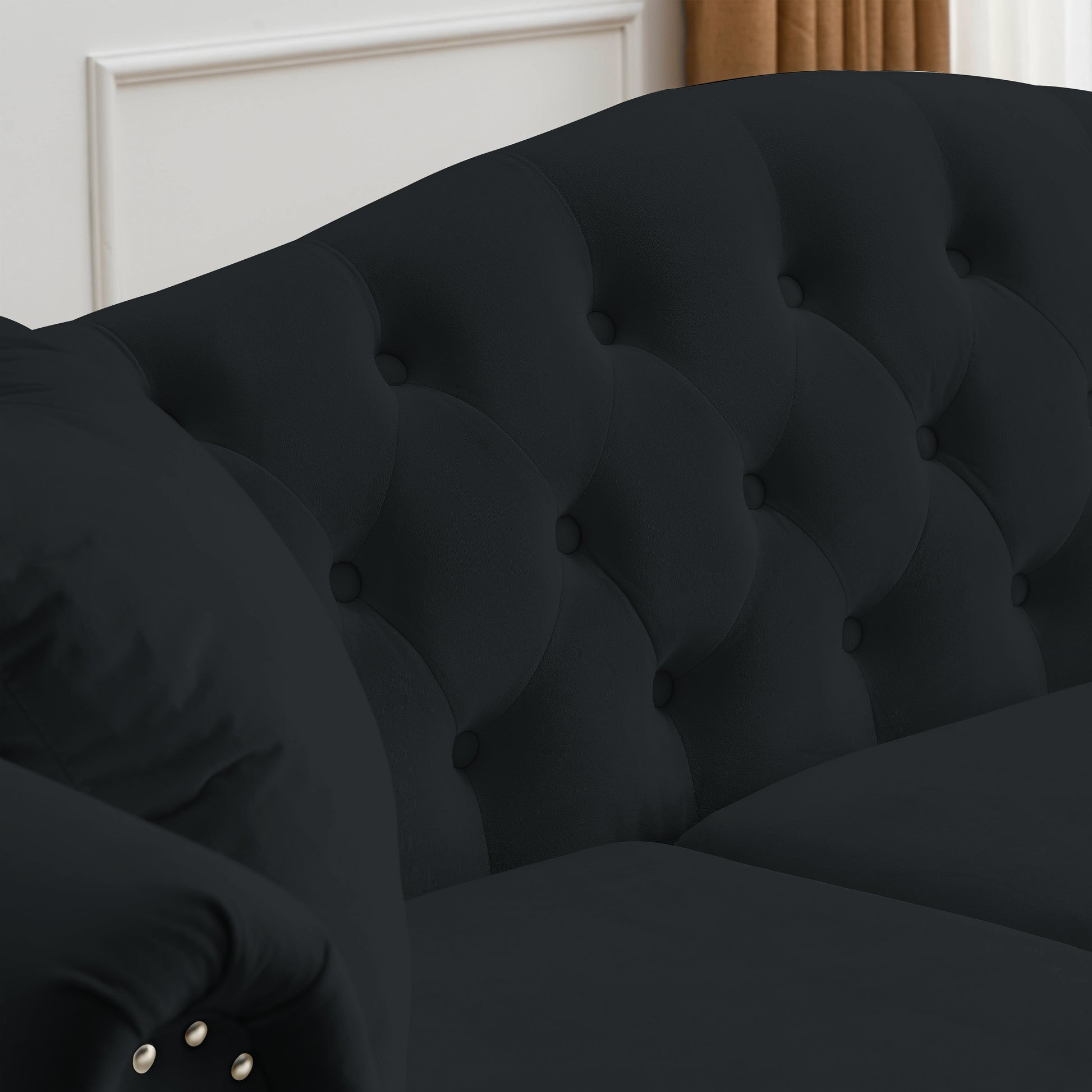 Video 79" Chesterfield Sofa Black Velvet For Living Room, 3 Seater Sofa Tufted Couch With Rolled Arms And For Living Room, Bedroom, Office, Apartment, Two Pillows Black Foam Velvet