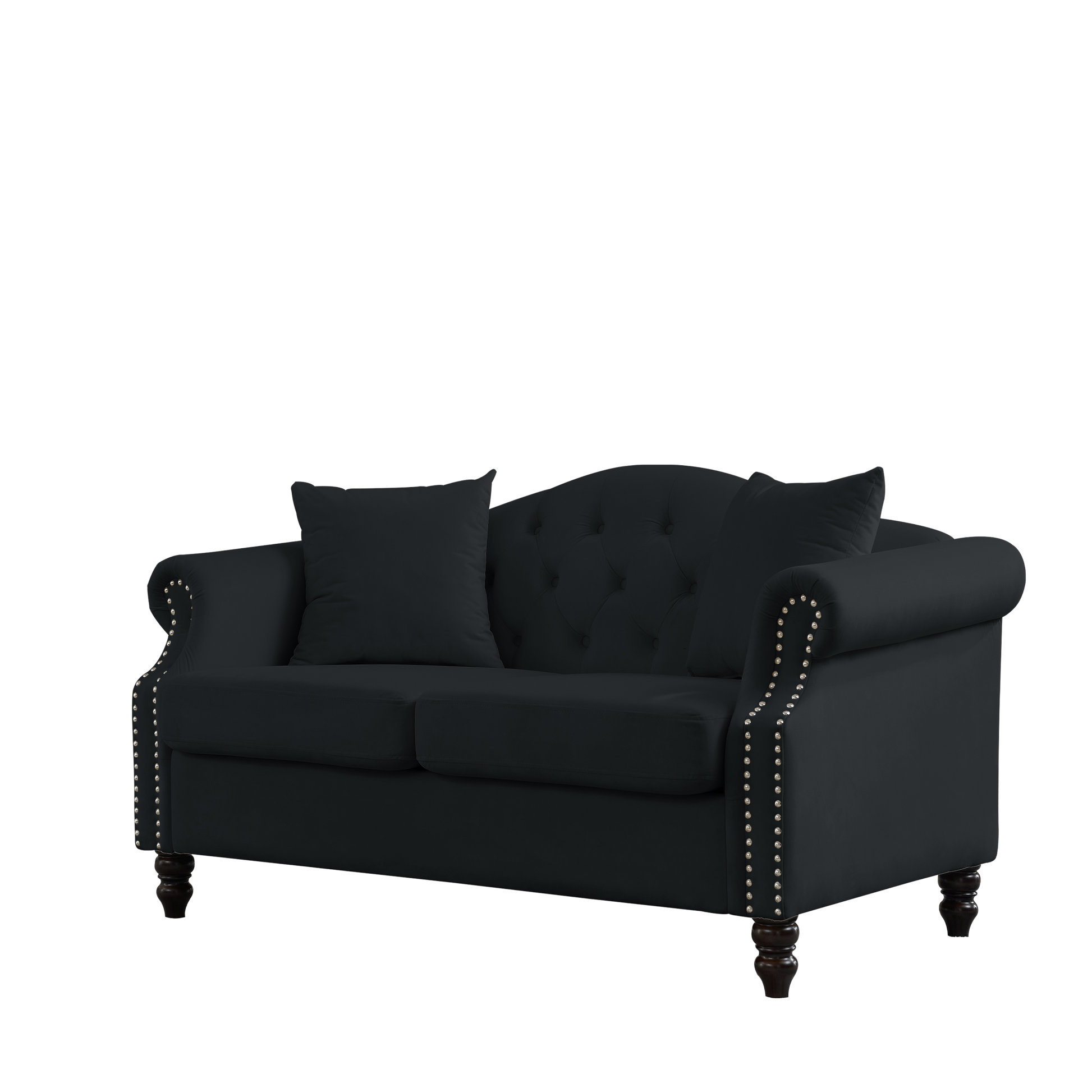 57" Chesterfield Sofa Black Velvet For Living Room, 2 Seater Sofa Tufted Couch With Rolled Arms And For Living Room, Bedroom, Office, Apartment, Two Pillows Black Foam Velvet