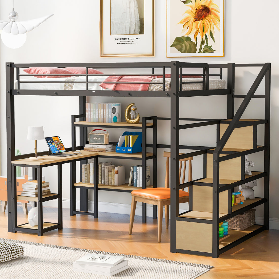 Full Size Metal Loft Bed With Staircase, Built In Desk And Shelves, Black Box Spring Not Required Full Black Metal Bedroom Mdf Metal