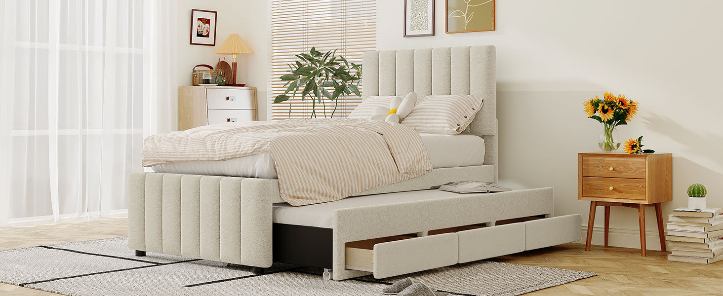 Twin Size Upholstered Platform Bed With Trundle And 3 Drawers, Linen Fabric, Beige Beige Linen