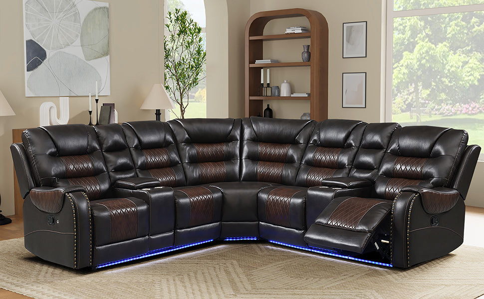 112.2" Manual Reclining Sectional Sofa Set L Shaped Symmetrical Motion Sofa Corner Couch Sets With Storage Boxes, 4 Cup Holders And Led Light Strip For Living Room, Brown Brown Foam Pu Leather 5 Seat