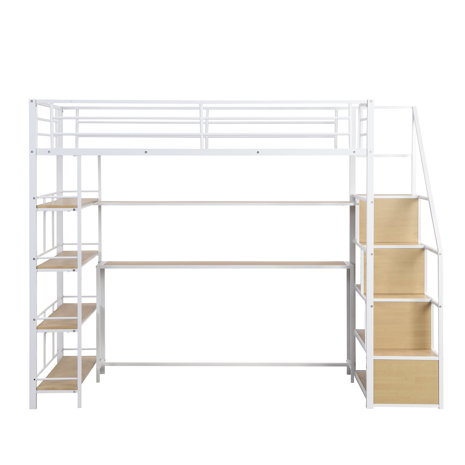 Twin Size Metal Loft Bed With Staircase, Built In Desk And Storage Shelves, White Box Spring Not Required Twin White Metal Bedroom Mdf Metal