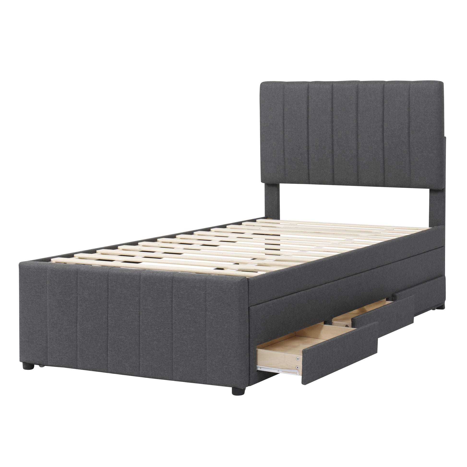 Twin Size Upholstered Platform Bed With Trundle And 3 Drawers, Linen Fabric, Gray Gray Linen