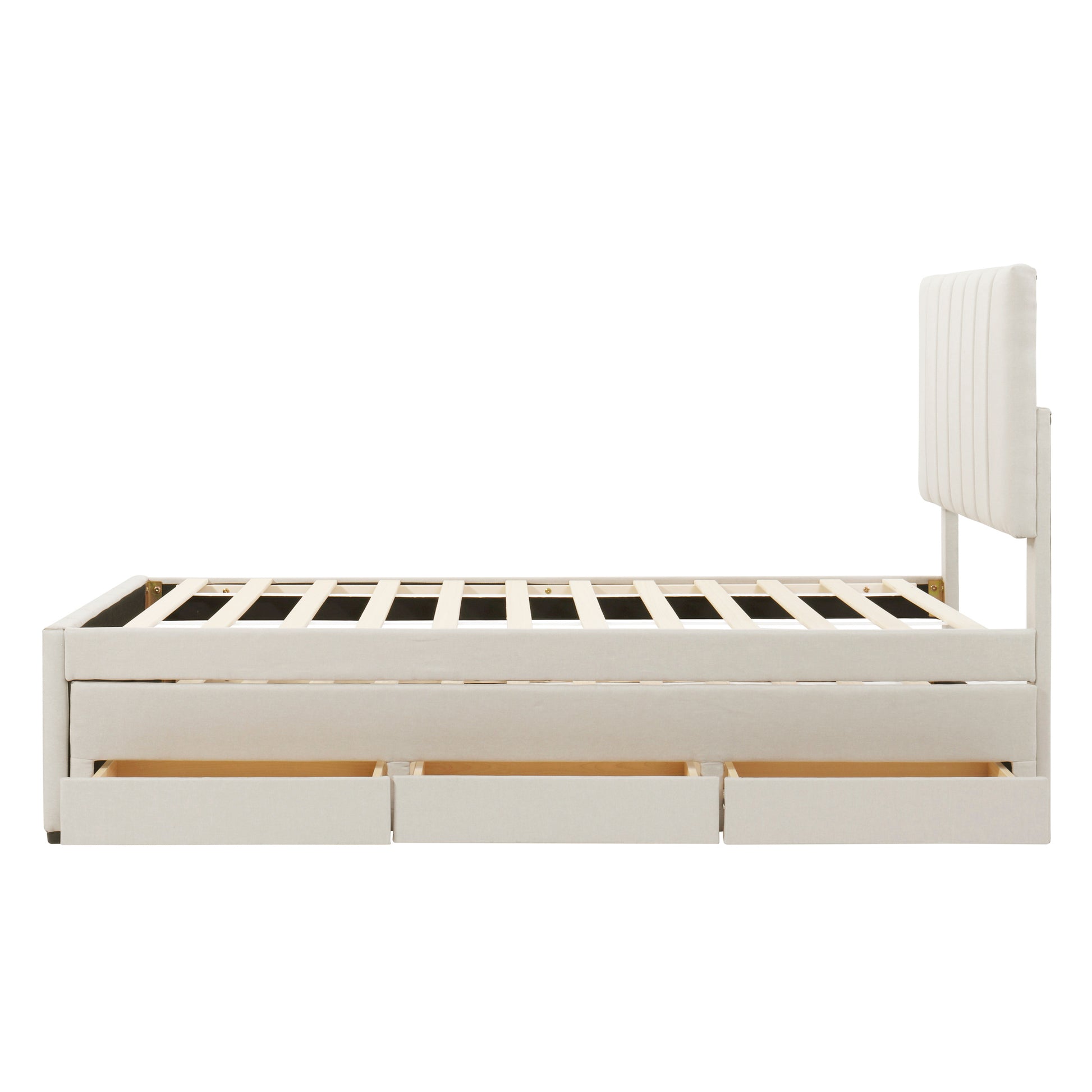 Twin Size Upholstered Platform Bed With Trundle And 3 Drawers, Linen Fabric, Beige Beige Linen