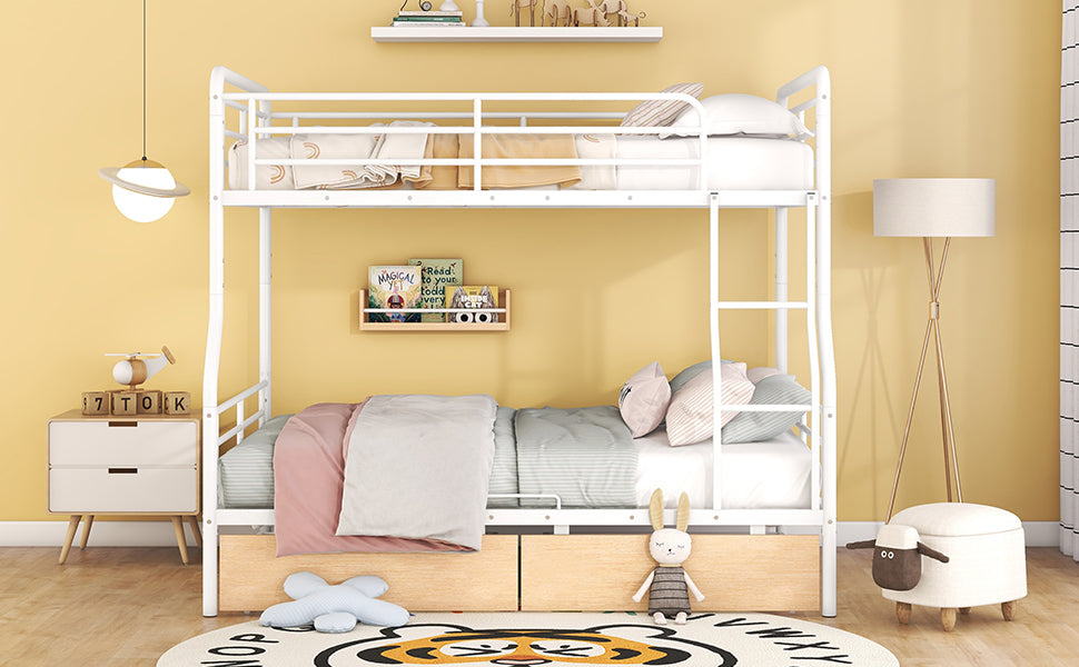 Full Xl Over Queen Metal Bunk Bed With 2 Drawers, White White Iron