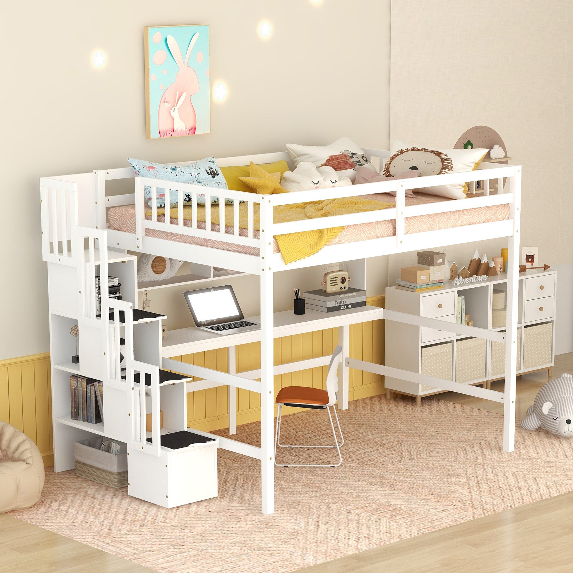Full Size Loft Bed With Built In Desk, Bookshelves And Storage Staircase,White Full White American Design Pine