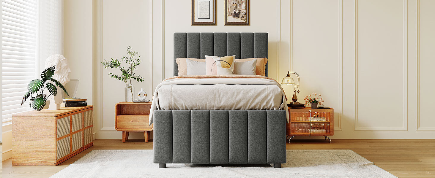 Twin Size Upholstered Platform Bed With Trundle And 3 Drawers, Linen Fabric, Gray Gray Linen