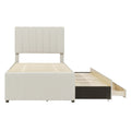 Twin Size Upholstered Platform Bed With Trundle And 3 Drawers, Linen Fabric, Beige Beige Linen