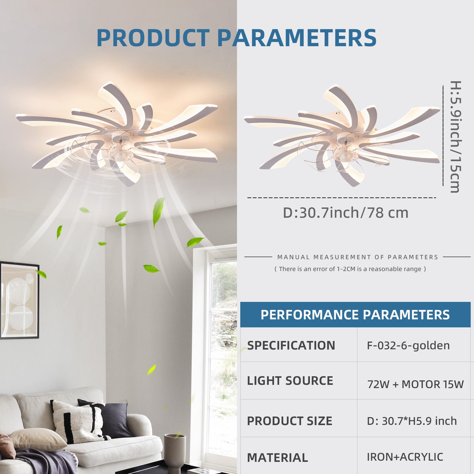 30.7In Ceiling Fan With Lights, Remote Control 3 Color Temperatures,6 Gear Wind Speed Fan Light White Modern Acrylic